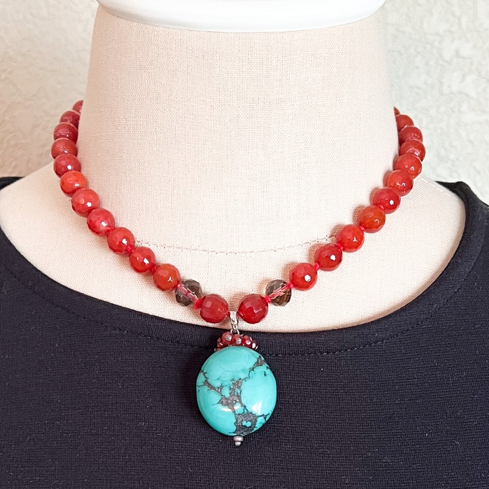 Turquoise necklace pendant w/ Carnelian & smoky quartz beads